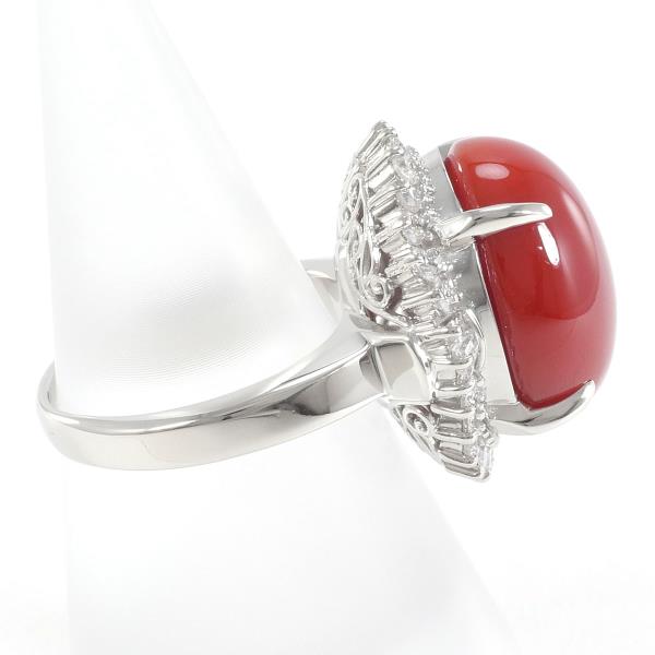 PT900 Platinum Ring with Coral and Diamonds in Excellent Condition