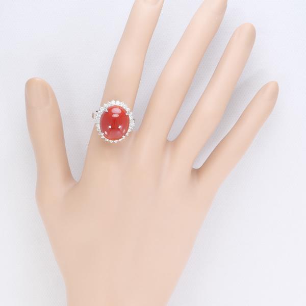 PT900 Platinum Ring with Coral and Diamonds in Excellent Condition