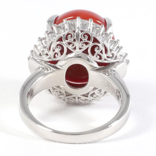 PT900 Platinum Ring with Coral and Diamonds in Excellent Condition