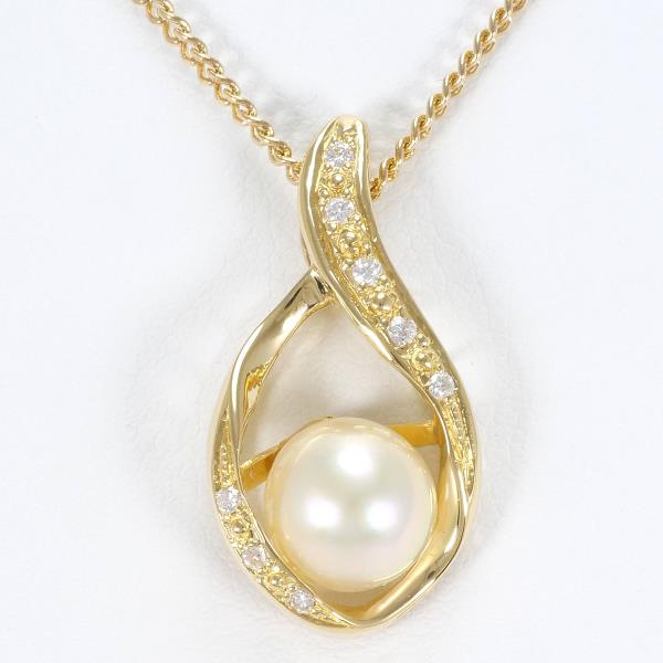 K18 Yellow Gold Pearl Necklace with Diamond in Excellent Condition