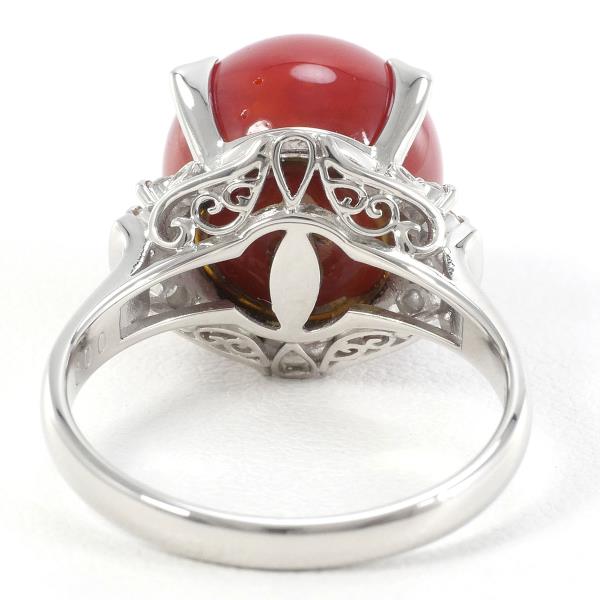 PT900 Platinum Ring with Coral and Diamond in Excellent Condition