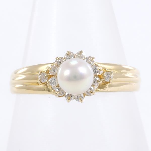 K18 Yellow Gold Ring with 5mm Pearl and 0.14ct Diamond in Excellent Condition