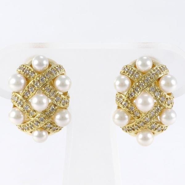 K18 Yellow Gold Pearl Earrings with Diamonds in Great Condition