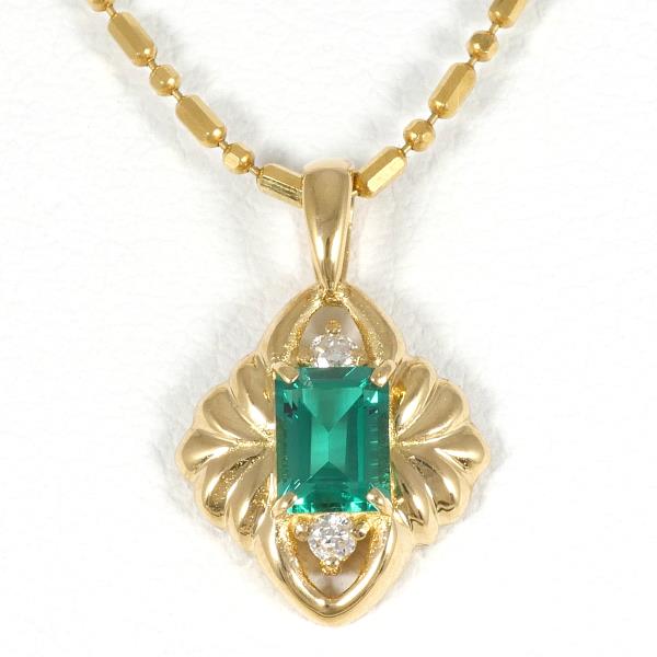 K18 Yellow Gold Necklace with Synthetic Emerald and Diamond in Excellent Condition