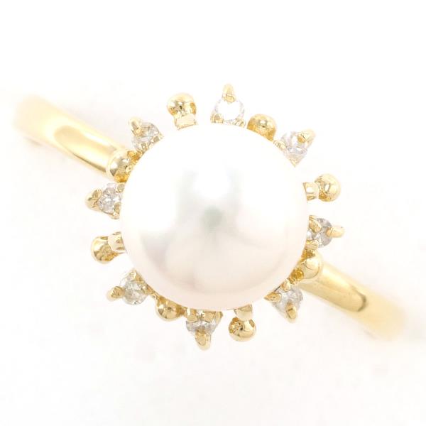 K18 Yellow Gold Ring with 7mm Pearl and Diamond in Excellent Condition