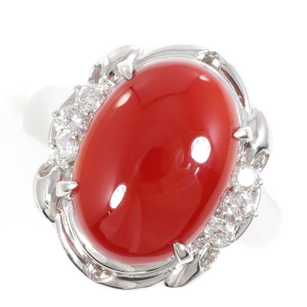 PT900 Platinum Ring with Coral and Diamond in Excellent Condition