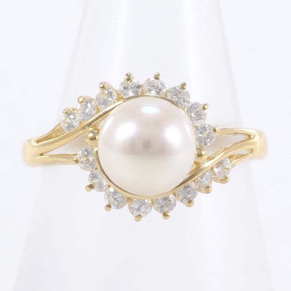 K18 Yellow Gold Pearl Ring with Zirconia in Excellent Condition