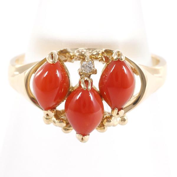 K18 Yellow Gold Ring with Coral and Diamond in Excellent Condition