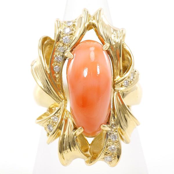 K18 Yellow Gold Ring Coral Diamond Jewelry