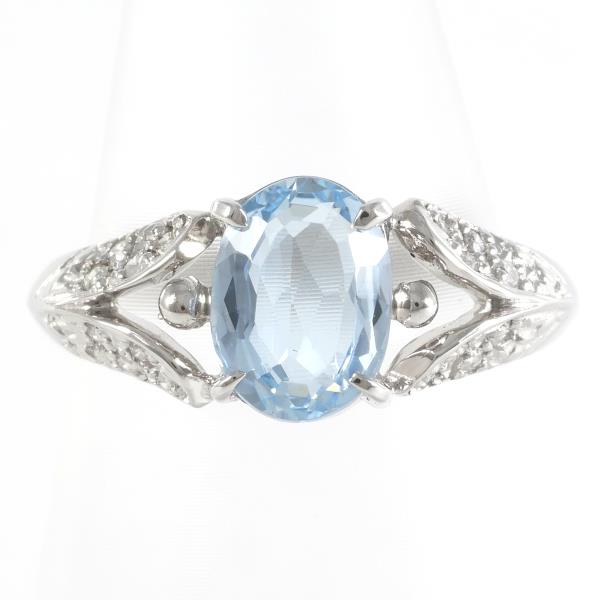 K18 White Gold Ring with Blue Topaz and Diamonds, Size 11 in Excellent Condition