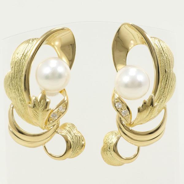 K18 Yellow Gold Pearl Earrings with Diamonds in Great Condition