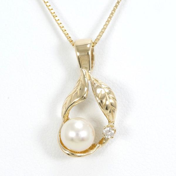 14K Yellow Gold Pearl Necklace with Diamond in Excellent Condition