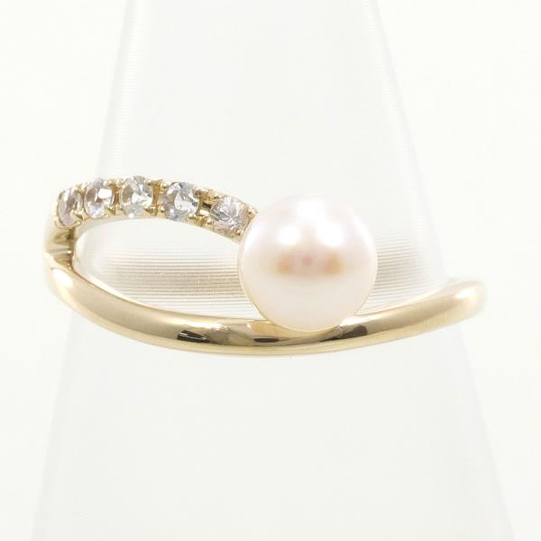 K10 Yellow Gold Ring with Pearl and White Sapphire in Excellent Condition