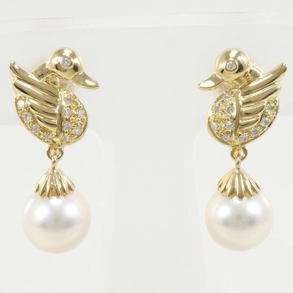 K18 Yellow Gold Pearl Earrings with Diamonds in Great Condition