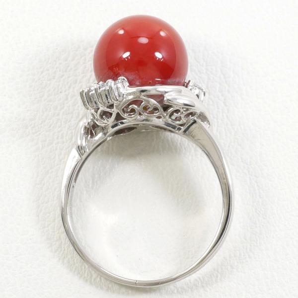 PT900 Platinum Ring with Coral and Diamond in Excellent Condition