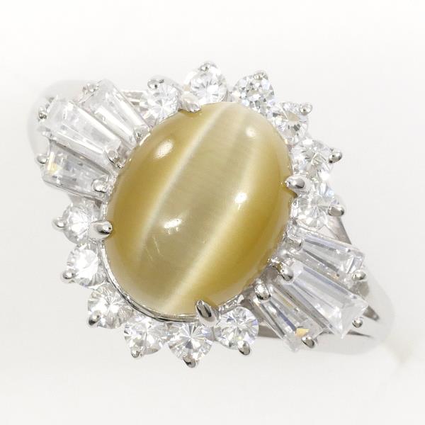 PT900 Platinum Ring with Synthetic Chrysoberyl Cat's Eye and Zirconia in Excellent Condition