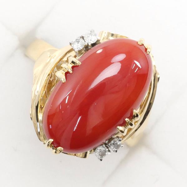 K18 Yellow Gold Coral Diamond Ring 13.5 in Excellent Condition