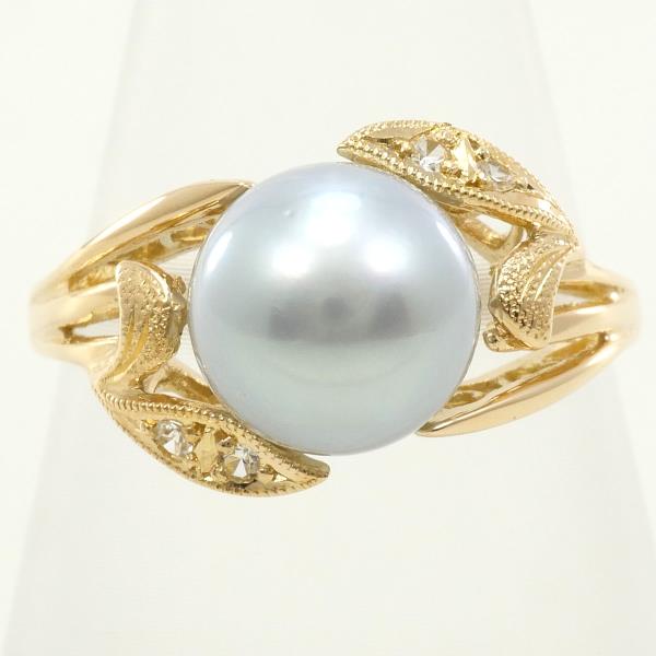 K18 Yellow Gold Ring with 8mm Pearl and White Sapphire in Excellent Condition