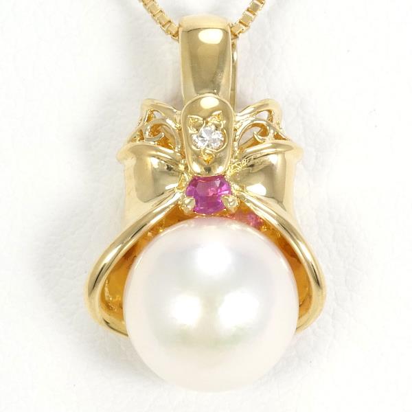 K18 Yellow Gold Pearl Ruby Diamond Necklace in Pristine Condition