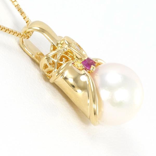 K18 Yellow Gold Pearl Ruby Diamond Necklace in Pristine Condition