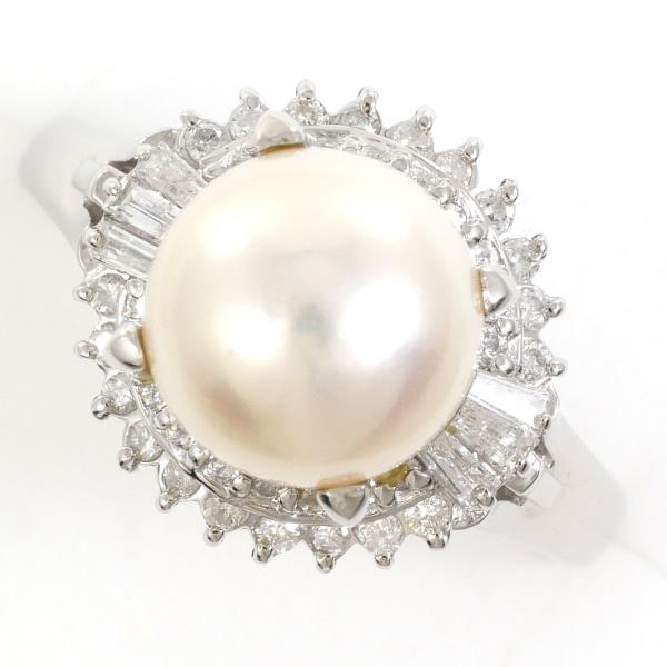 PT900 Platinum Ring with 9mm Pearl and 0.43ct Diamond in Excellent Condition