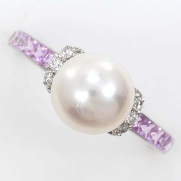 K18 White Gold Ring with Pearl and Pink Sapphire in Excellent Condition