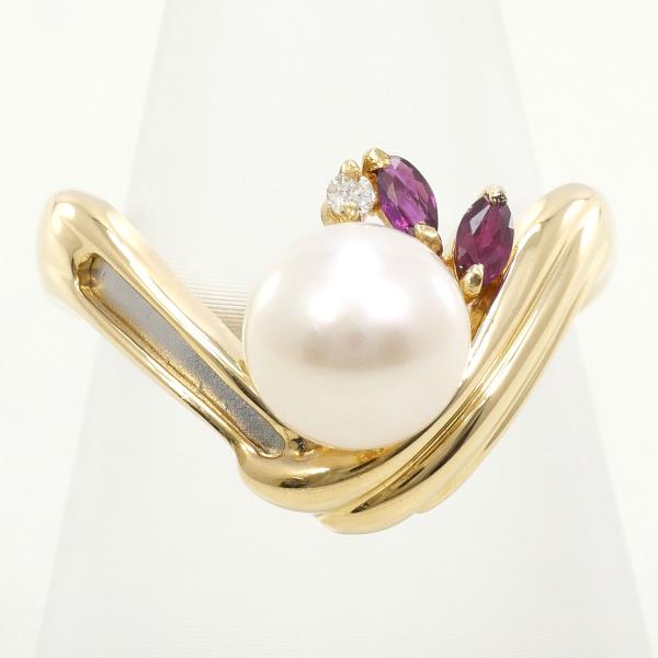 PT900 Platinum K18 Yellow Gold Pearl Ruby Diamond Ring in Excellent Condition