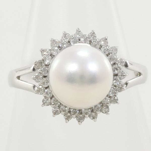 PT900 Platinum Ring 8mm Pearl 0.21ct Diamond in Excellent Condition