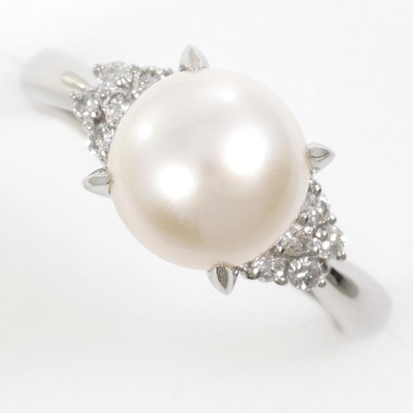 PT900 Platinum Pearl Ring 16号 9mm Diamond 0.17ct in Excellent Condition