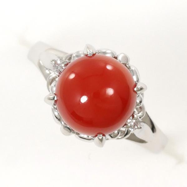 PT900 Platinum Ring with Coral and Diamond in Excellent Condition