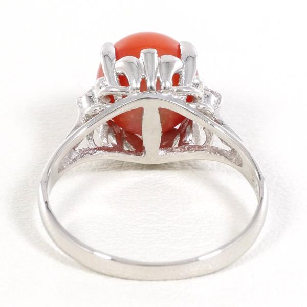 PT900 Platinum Ring with Coral and Diamond in Excellent Condition