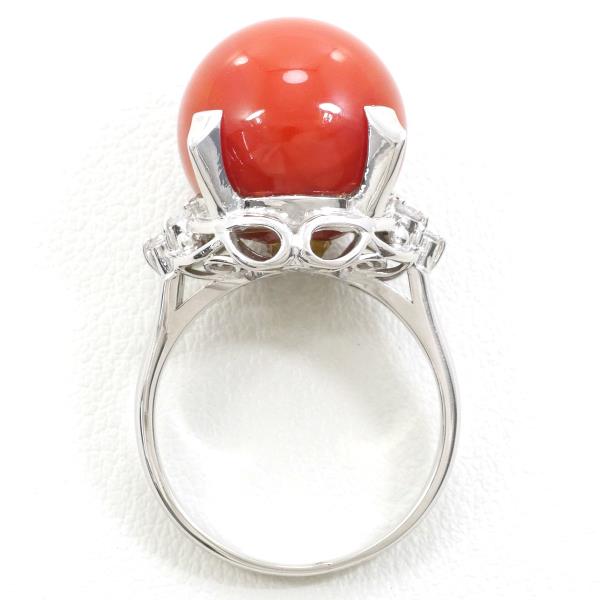 PT900 Platinum Ring with Coral and Diamond in Excellent Condition