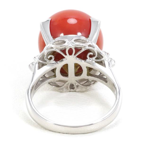 PT900 Platinum Ring with Coral and Diamond in Excellent Condition