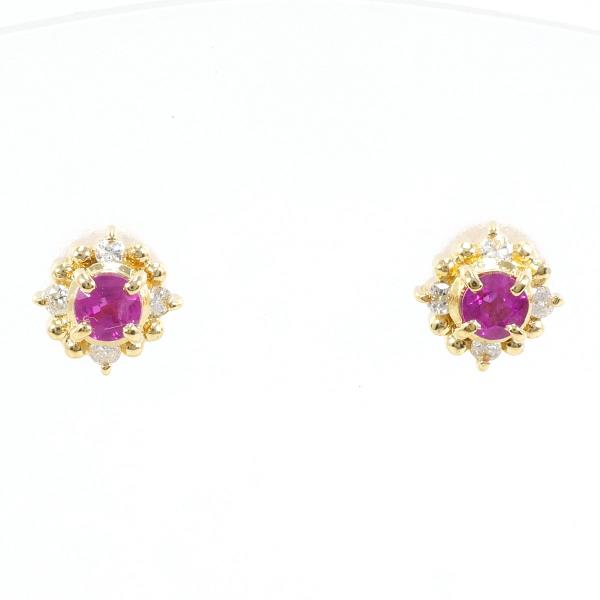 K18 Yellow Gold Ruby Diamond Earrings in Great Condition