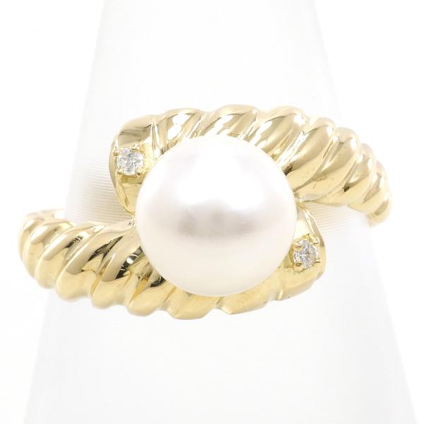 K18 Yellow Gold Pearl Ring with Diamond in Excellent Condition