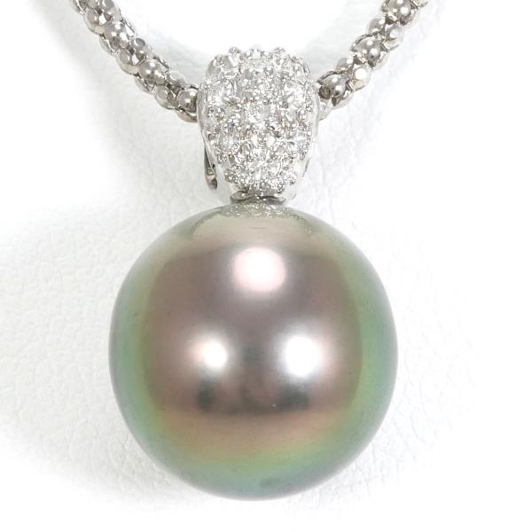 K18 White Gold Necklace with Black Pearl and Diamond in Excellent Condition