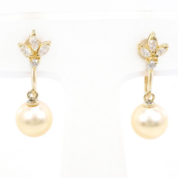 K18 Yellow Gold Pearl Earrings with Diamonds in Great Condition