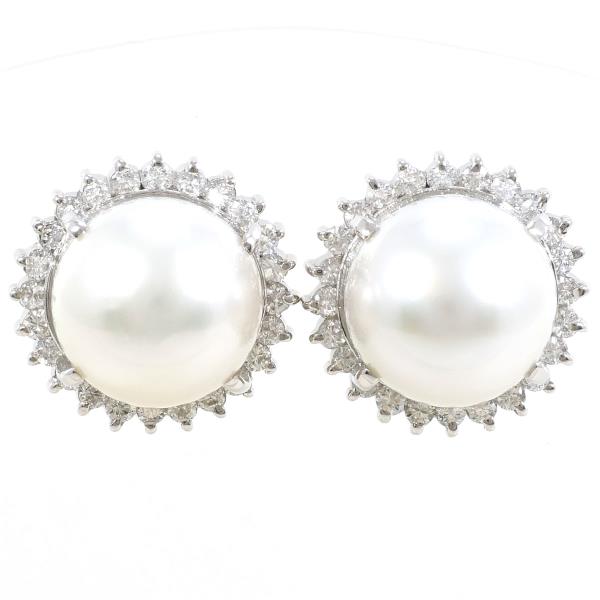 PT900 Platinum Earrings with South Sea Pearl and Diamond in Great Condition