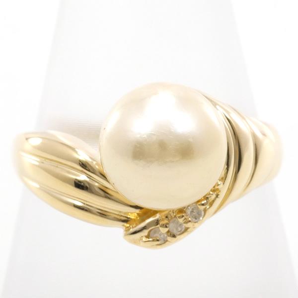 K18 Yellow Gold Pearl Ring with Diamond in Excellent Condition