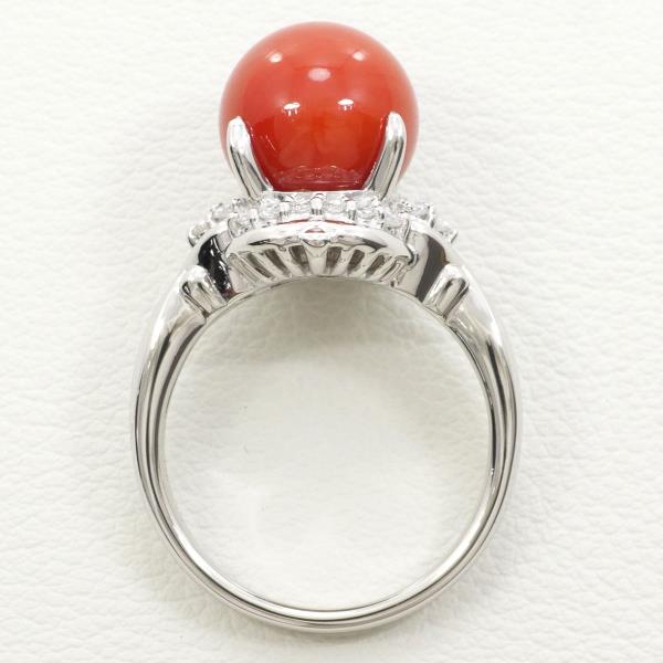 PT900 Platinum Ring Coral Diamond Jewelry in Pristine Condition