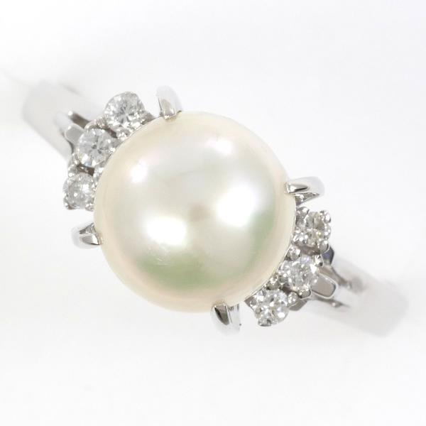 PT900 Platinum Ring 19 Pearl 9mm Diamond 0.13 in Excellent Condition