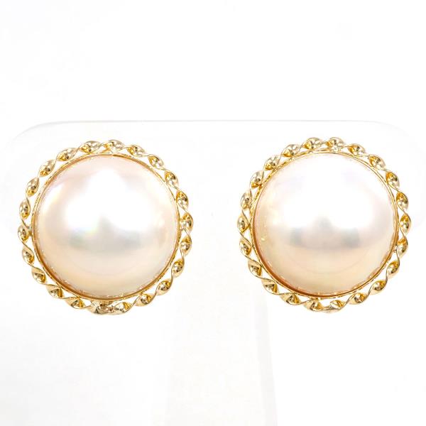 K18 Yellow Gold Earrings with Mabe Pearl, 6.4g in Excellent Condition