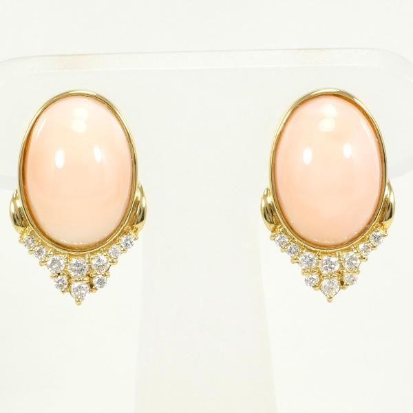 K18 Yellow Gold Coral Earrings with Diamonds, 7.3g in Great Condition