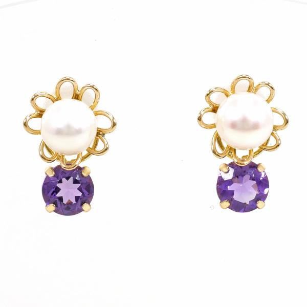 K18 Yellow Gold Pearl Amethyst Earrings in Excellent Condition