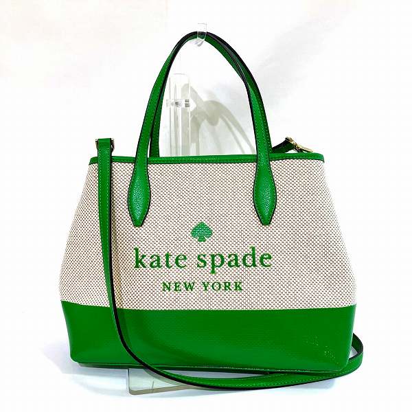 Kate Spade Beige Green Canvas Leather Tote Bag