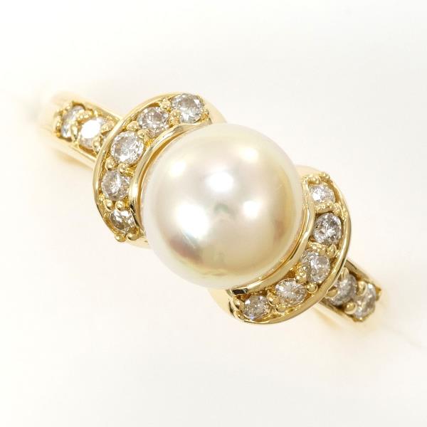 K18 Yellow Gold Ring with 7mm Pearl and 0.33ct Diamond in Excellent Condition