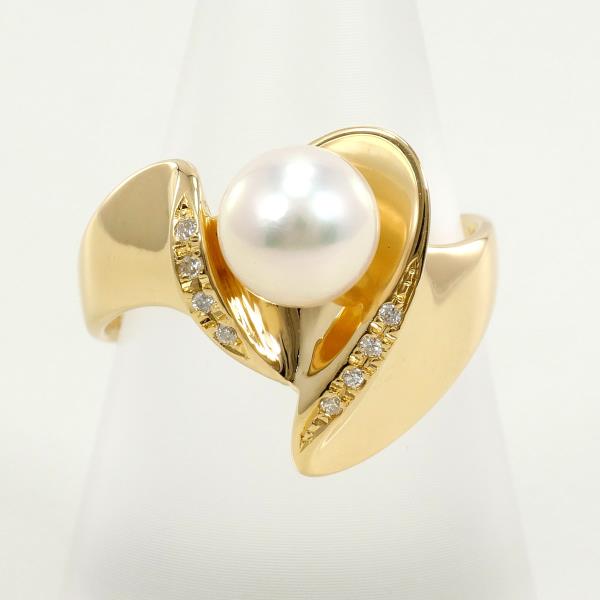 K18 Yellow Gold Ring with 7mm Pearl and Diamond in Excellent Condition