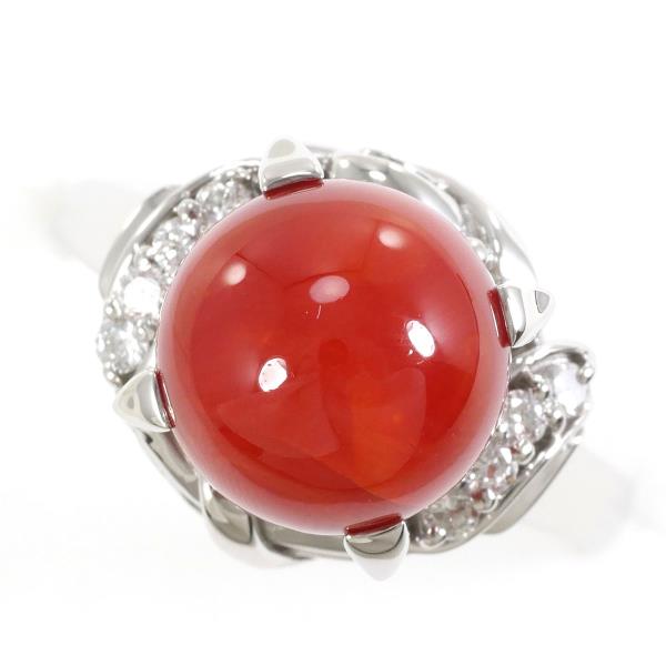 PT900 Platinum Ring with Coral and Diamond in Excellent Condition