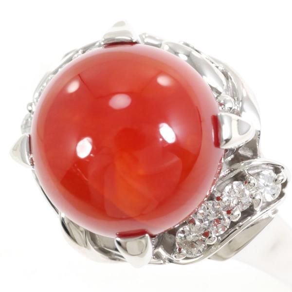 PT900 Platinum Ring with Coral and Diamond in Excellent Condition