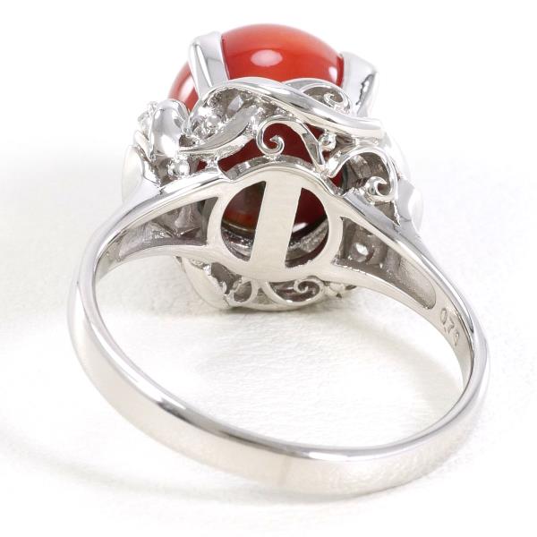 PT900 Platinum Ring with Coral and Diamond in Excellent Condition